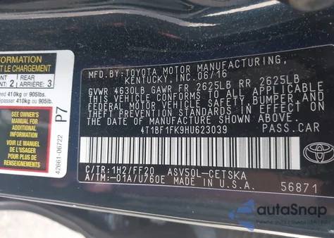 2017 Toyota Camry Se z USA, uszkodzony, nr VIN 4T1BF1FK9HU623039